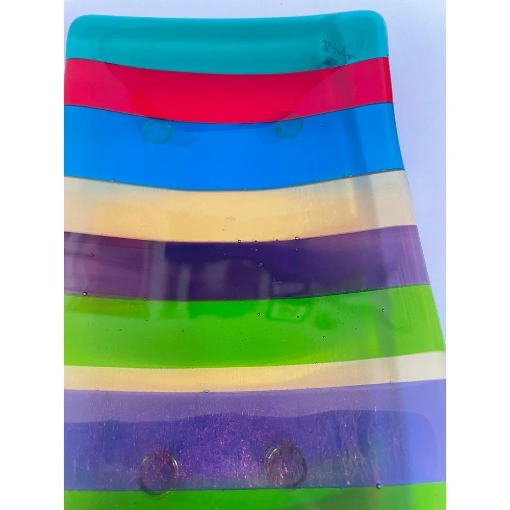 Artisan Signed Fused Glass Striped Tray Rainbow Rectangular‎ Decorative Dish